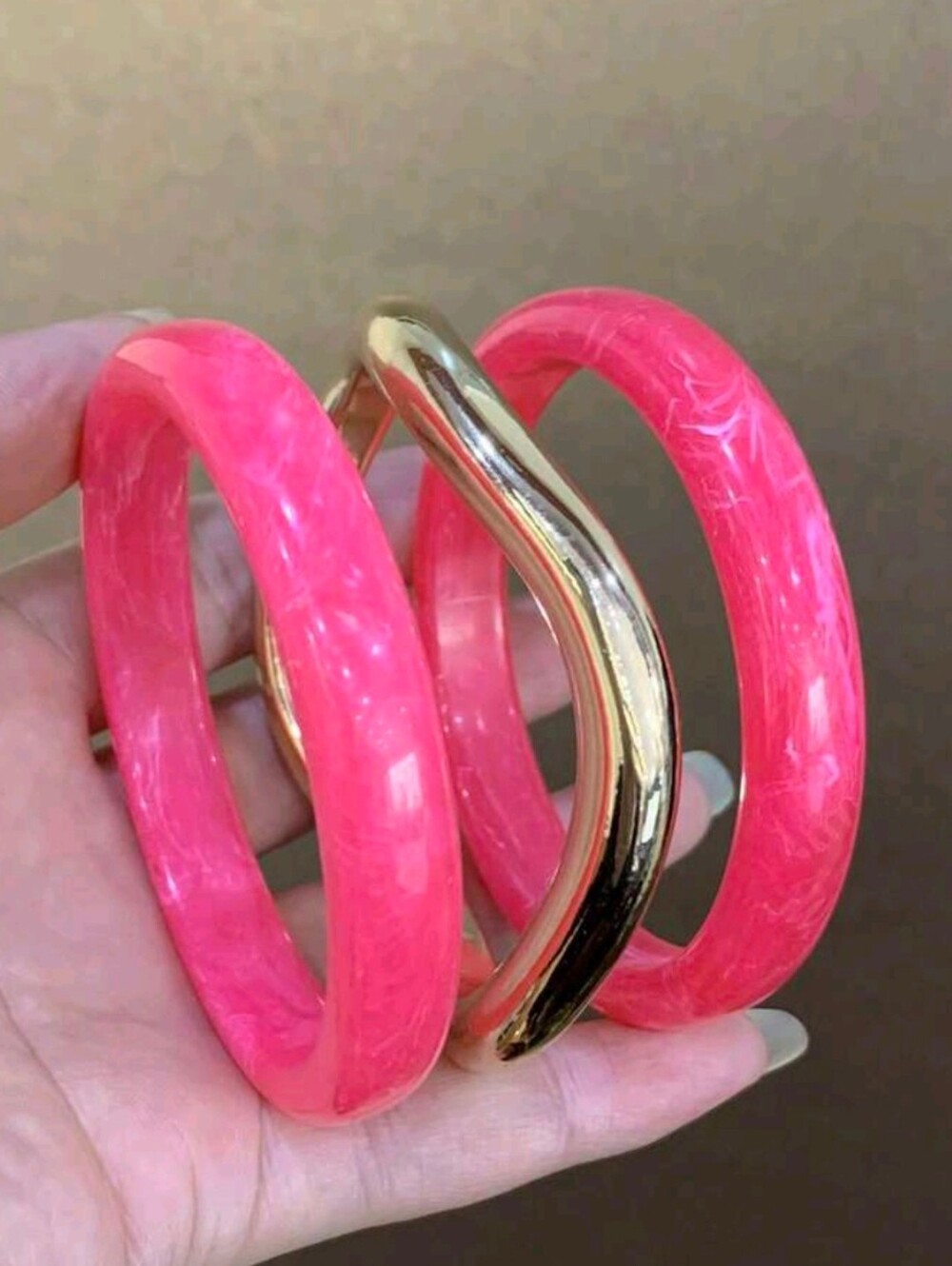 Pink Acrylic and Gold-Tone Statement Bangle Set